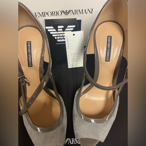 Emporio Armani grey suede high heel open toe shoes in size 6. Worn once. - Picture 1 of 9